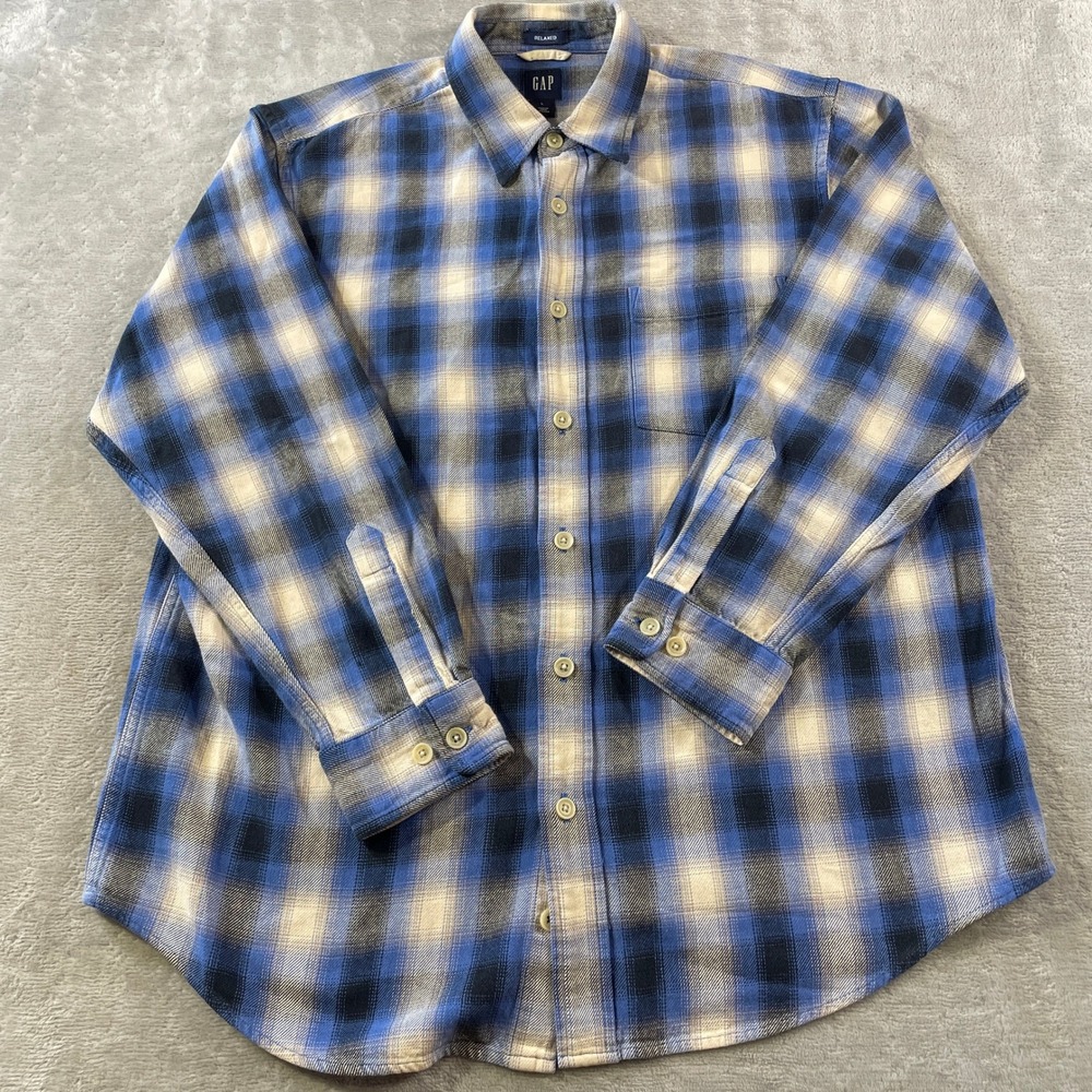 Vintage Gap Flannel Shirt Men Large Blue Shadow Plaid Relaxed Fit Casual Outdoor